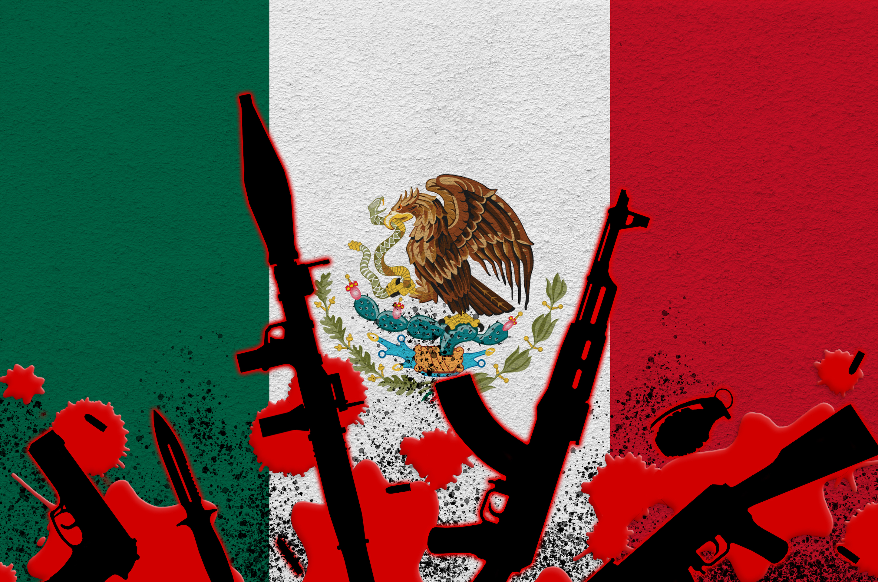 bandera de México con diferentes armas frente a ella.